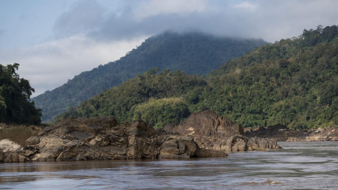 Scenic view of river flowing through mountains, River Mekong, Oudomxay Province, Laos