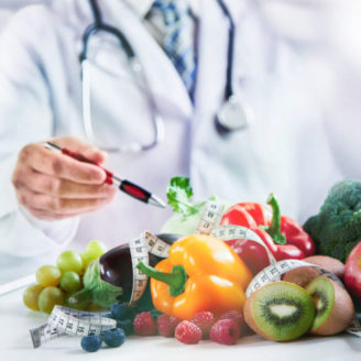 Modern doctor or pharmacy agent contact for healthy food and diet